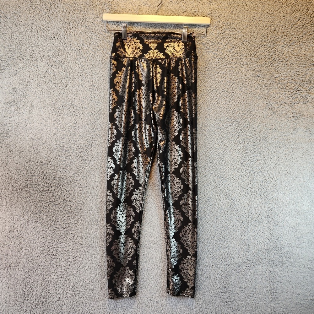 Material Girl Leggings Womens M Black & Silver Stretch Floral High-Rise Pull On